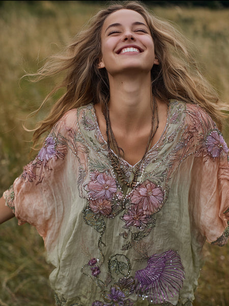 Women's Flower Embroidery V-neck Sunset And Grassland Color Matching Short-sleeved Shirt