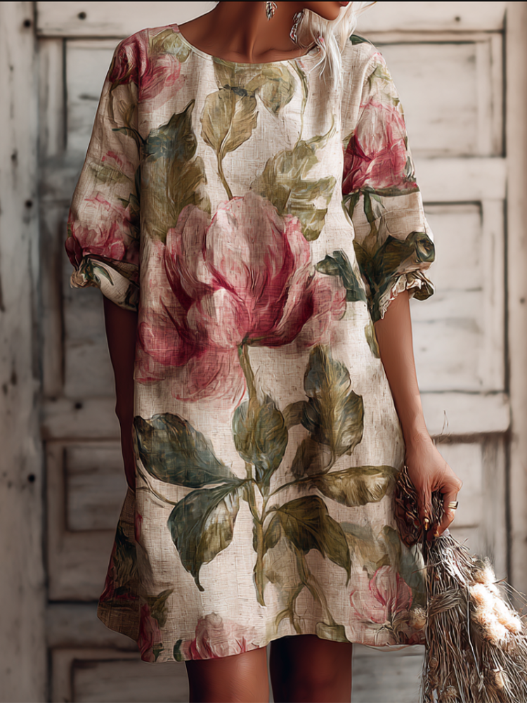 Robe mi-longue rétro bohème en coton et lin à imprimé floral et végétal 
