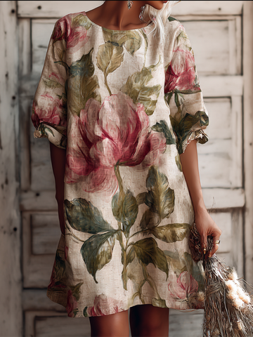Vestido midi retro de algodón y lino con estampado de plantas y flores de estilo bohemio 