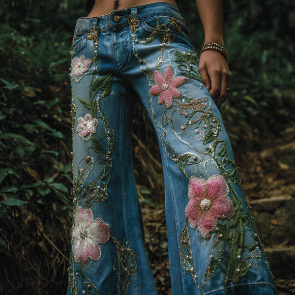 Pantalones vaqueros largos de mujer estilo bohemio con bordado de flores y plantas, corte holgado, pierna ancha y rectos. 