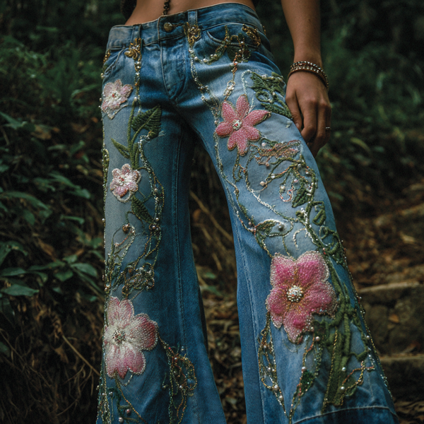 Pantalones vaqueros largos de mujer estilo bohemio con bordado de flores y plantas, corte holgado, pierna ancha y rectos. 