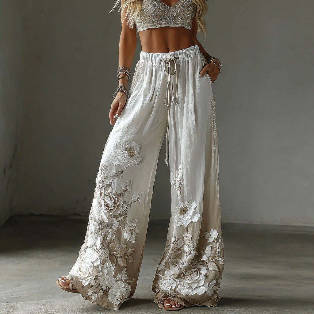 Pantalon décontracté en lin à broderie florale rétro pour femme, avec dégradé artistique 