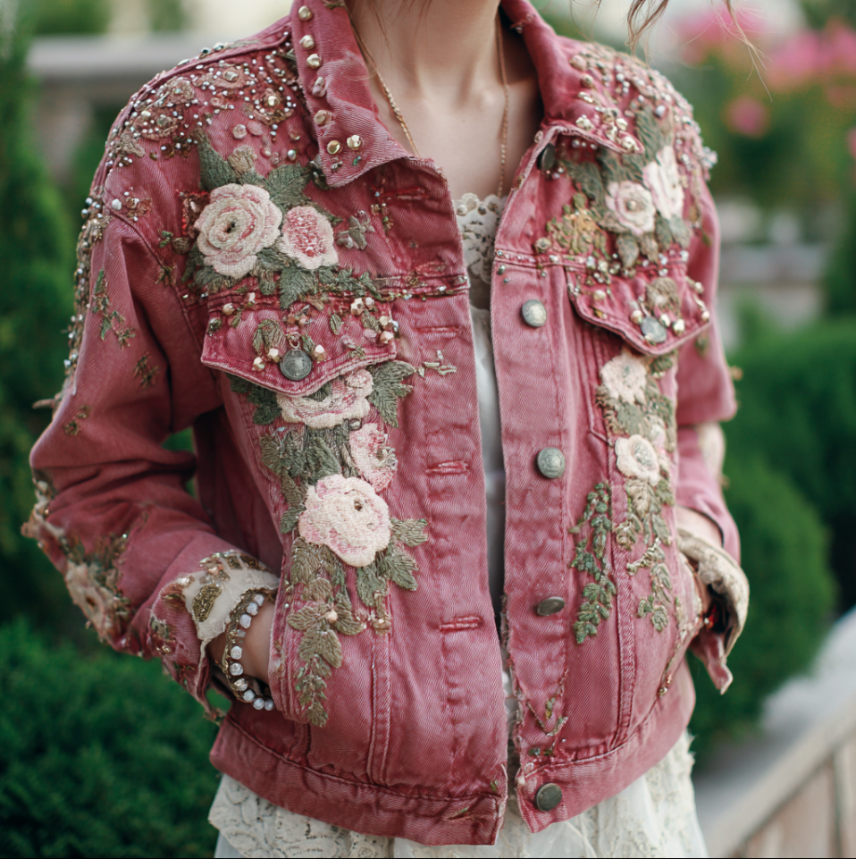 Chaqueta vaquera informal retro para mujer con bordado de rosas de estilo bohemio 