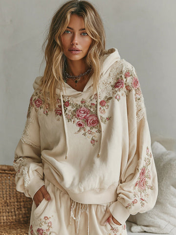 Sweat à capuche confortable pour femme avec broderie rose 