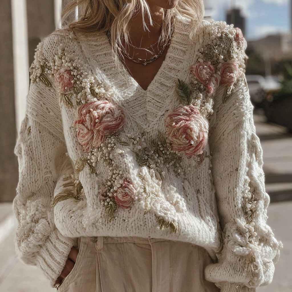 Women's Vintage Pink Rose Pattern Chunky Knit Warm V-neck Sweater