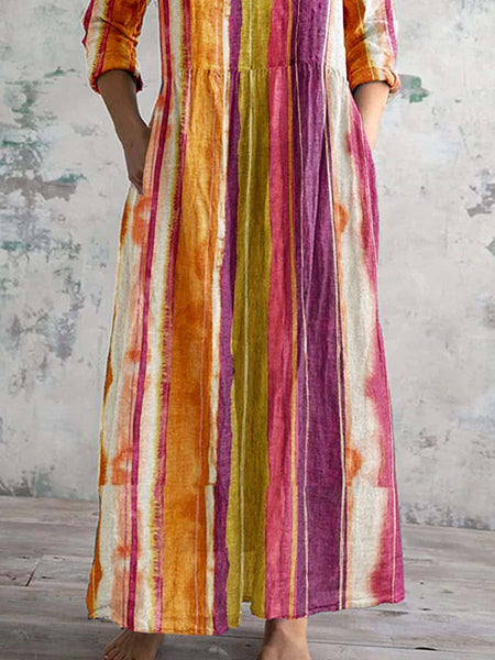 Women's Vintage Boho Stripe Pattern V Neck Dress with Pockets