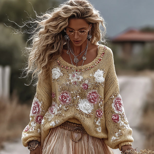 Classic Rose In Gradient Yellow Art Cozy Knit Round Neck Sweater And Linen Skirt Two-piece Set