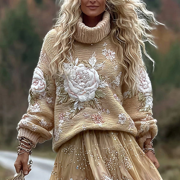 Vintage Rose In Gradient Yellow Art Cozy Knit Turtleneck Sweater And Linen Skirt Two-piece Set