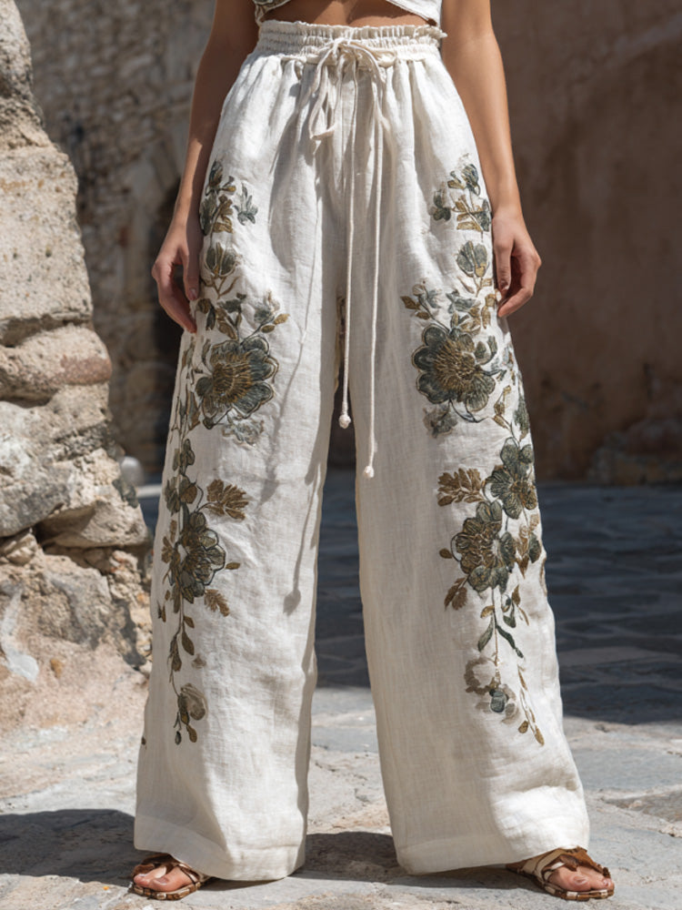Women's Vintage Embroidery Art Comfy Linen Pants