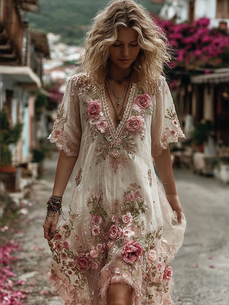 Vestido cómodo de mujer con cuello en V y bordado floral 