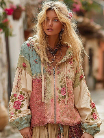Sudadera con capucha y cremallera estilo boho informal con bloques de color y bordado floral para mujer 