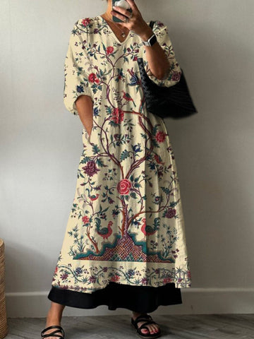 Robe en coton à imprimé floral vintage bohème pour femme, avec poches et col en V 