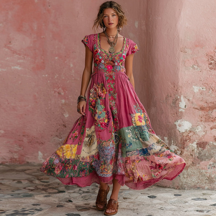 Vestido midi de manga corta con cuello redondo y bordado floral bohemio para mujer 