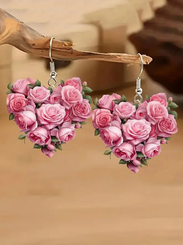 Pendientes de flor de rosa rosa para mujer 