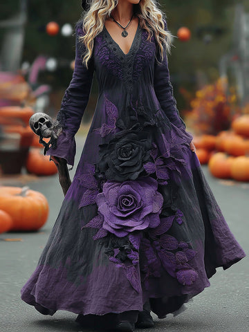 Vestido largo de lino cómodo con estampado de rosas moradas, estilo clásico de Halloween para mujer 