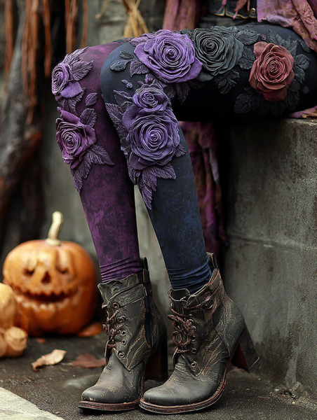 Vintage Halloween Black And Purple Rose Art Stitched Cozy Leggings