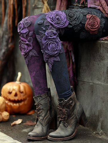 Leggings cómodos con bordado de arte de rosas negras y moradas estilo vintage de Halloween 