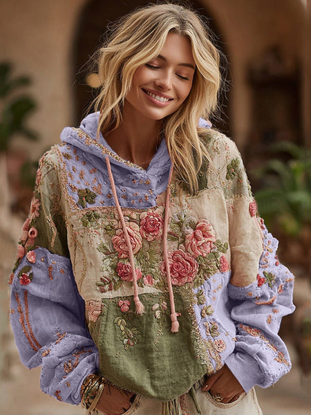Sweat à capuche patchwork brodé de roses pour femme 