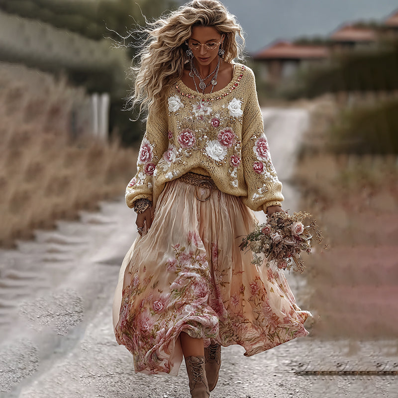 Classic Rose In Gradient Yellow Art Cozy Knit Round Neck Sweater And Linen Skirt Two-piece Set