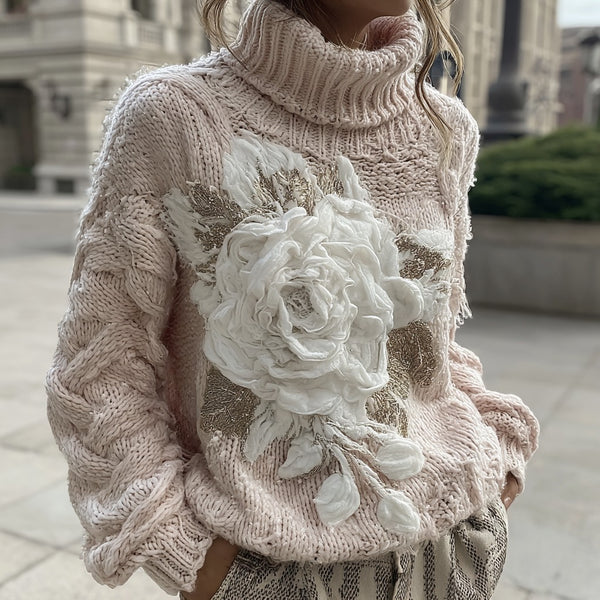 Women's Vintage Pink Rose Chunky Knit Turtleneck Sweater