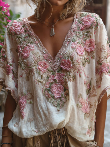 Camisa de manga corta con cuello en V, bordado floral rosa estilo bohemio y lentejuelas 