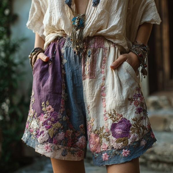 Shorts casuales retro con bordado floral para mujer 