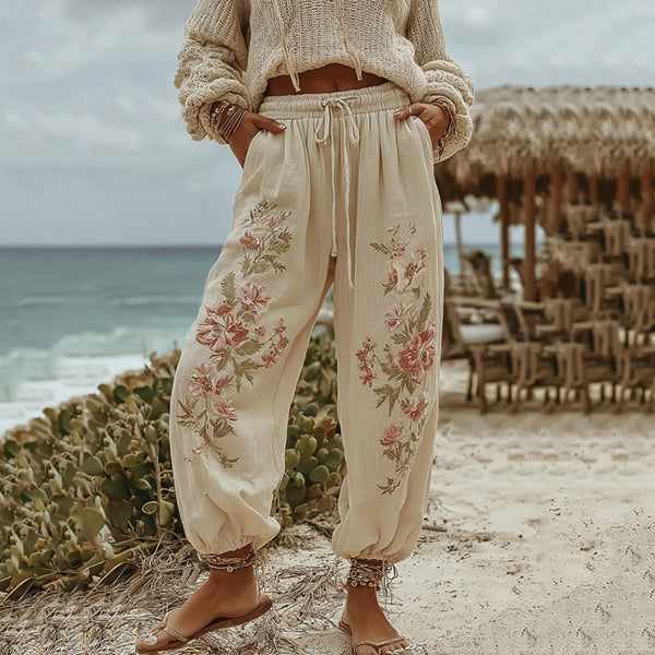 Pantalones deportivos informales para mujer con bordado floral vintage 