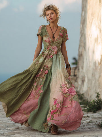 Vestido largo de lino fluido con patchwork degradado de rosas rosas vintage 