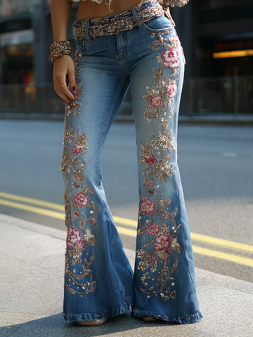 Bohemian Style Women's Plant Flower Embroidery Loose Fit Wide Leg Straight Leg Denim Long Pants