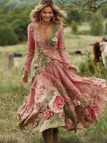 Vestido maxi cómodo de lino con cuello en V y estampado floral vintage para mujer 