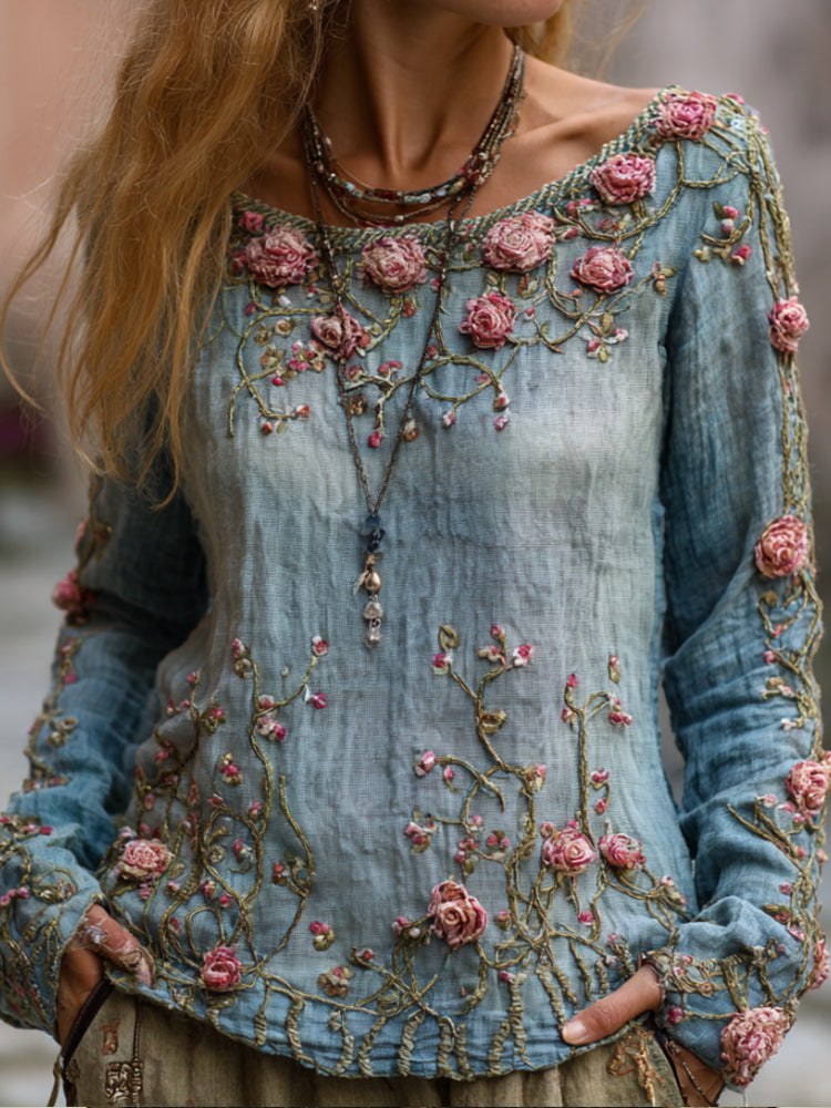 Top rosa floral de mezclilla texturizada de manga larga y cuello redondo para mujer 