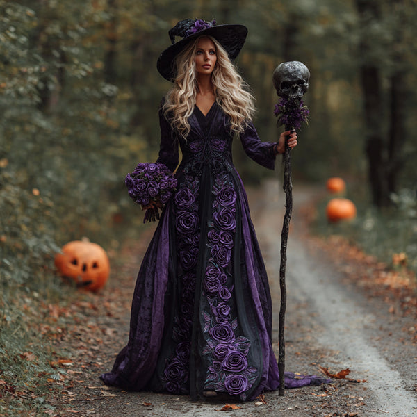 Women's Vintage Halloween Purple Rose Art Comfy Linen Maxi Dress