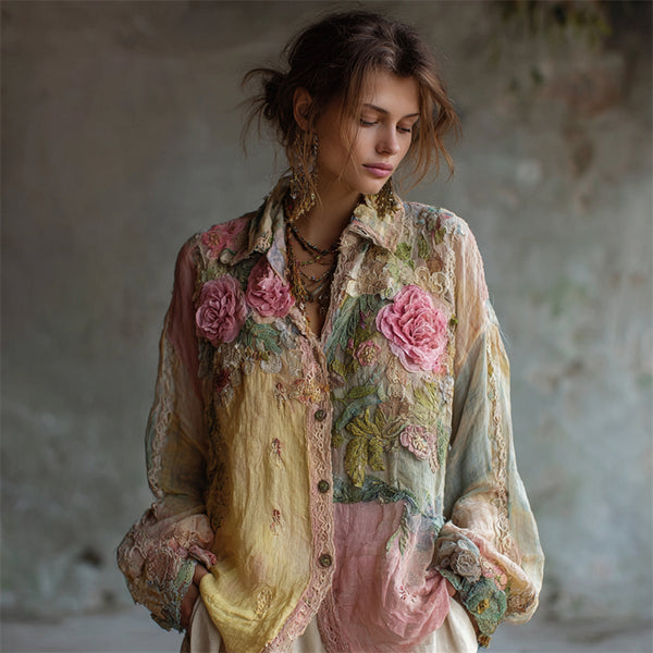Chemisier en lin brodé de roses roses bohèmes et de dentelle colorblock. 