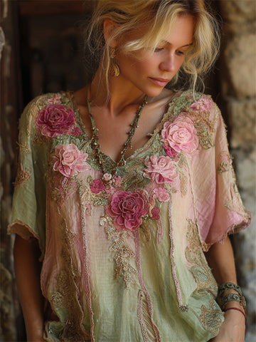 Chemise en lin à motif bohème rose avec roses, broderie 3D et dégradé de paillettes 