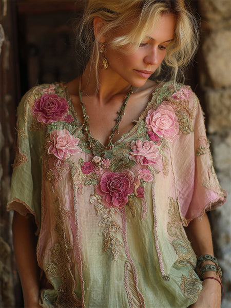 Camisa de lino con bordado 3D de rosas rosas estilo boho y degradado de purpurina 