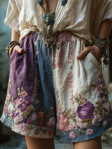 Shorts casuales retro con bordado floral para mujer 