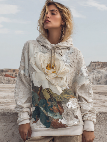 Bohemian Style 3d Pink Rose With Sequins Women's Hooded Long-sleeve Sweatshirt