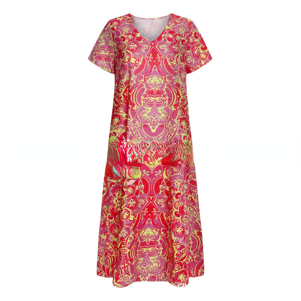 Vestido largo de talla grande, estilo boho floral, cuello en V, manga corta, ideal para primavera y verano. 