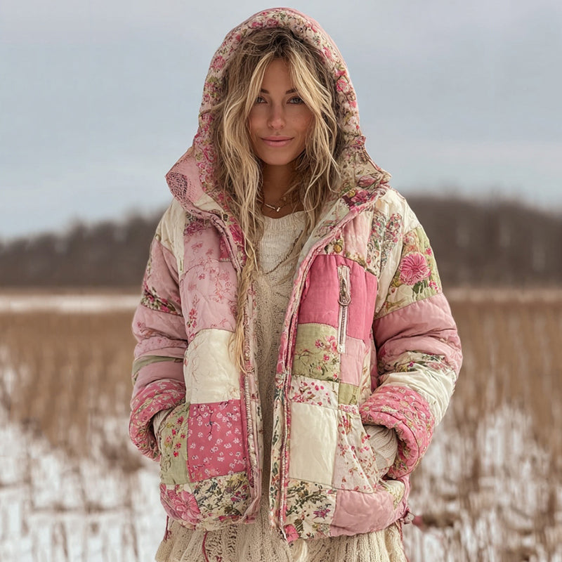 Vêtements chauds matelassés à capuche en coton à patchwork floral pour femmes 