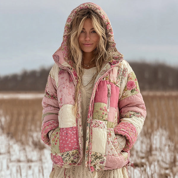 Vêtements chauds matelassés à capuche en coton à patchwork floral pour femmes 
