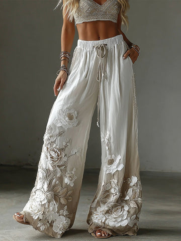 Pantalon décontracté en lin à broderie florale rétro pour femme, avec dégradé artistique 