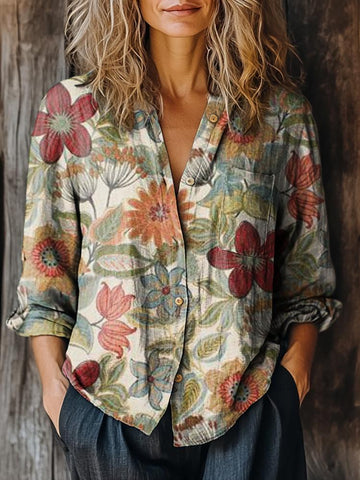 Camisa informal de manga larga de algodón con estampado floral bohemio vintage para mujer 