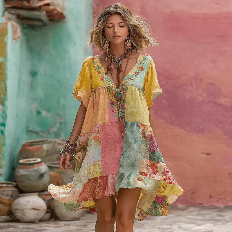 Vestido midi de lino con cuello en V, bordado floral bohemio y diseño patchwork para mujer 
