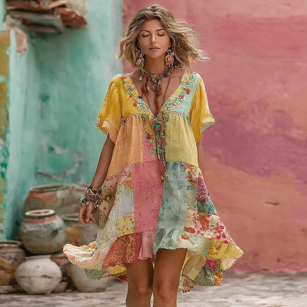 Vestido midi de lino con cuello en V, bordado floral bohemio y diseño patchwork para mujer 