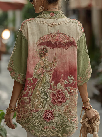 Collection Amour et Santé Chemises en lin à revers classiques à motif floral et rose 