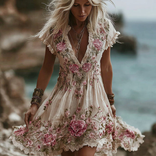 Vestido midi de lino cómodo con bordado de rosas rosas vintage para mujer 