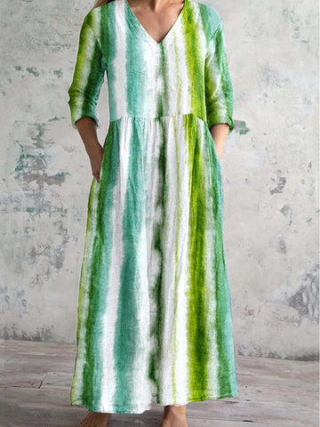 Robe vintage bohème à rayures, col en V et poches pour femme 