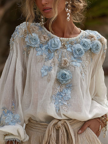 Camisa de lino de cuello redondo con bordado de rosas azules vintage para mujer 