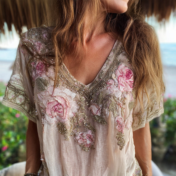 Top retro de manga corta con cuello en V y bordado de rosas para mujer 