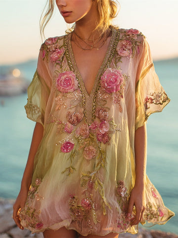 Vestido mini holgado de mujer con escote en V, bordado floral degradado estilo boho vintage. 